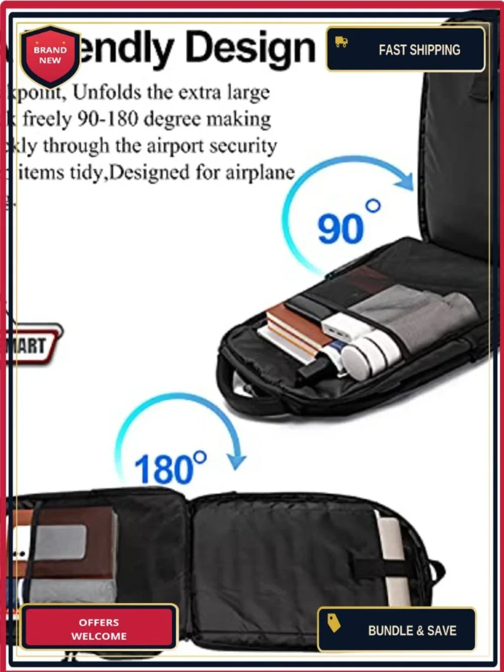 50L Water Resistant Travel Laptop Backpack with USB Charging Port, TSA Friendly